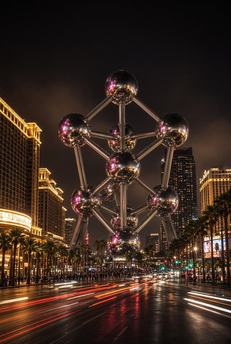 The Las Vegas Strip at night with Brussels Grand-Place facades overlaid