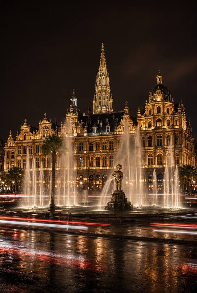 The Las Vegas Strip at night with Brussels Grand-Place facades overlaid